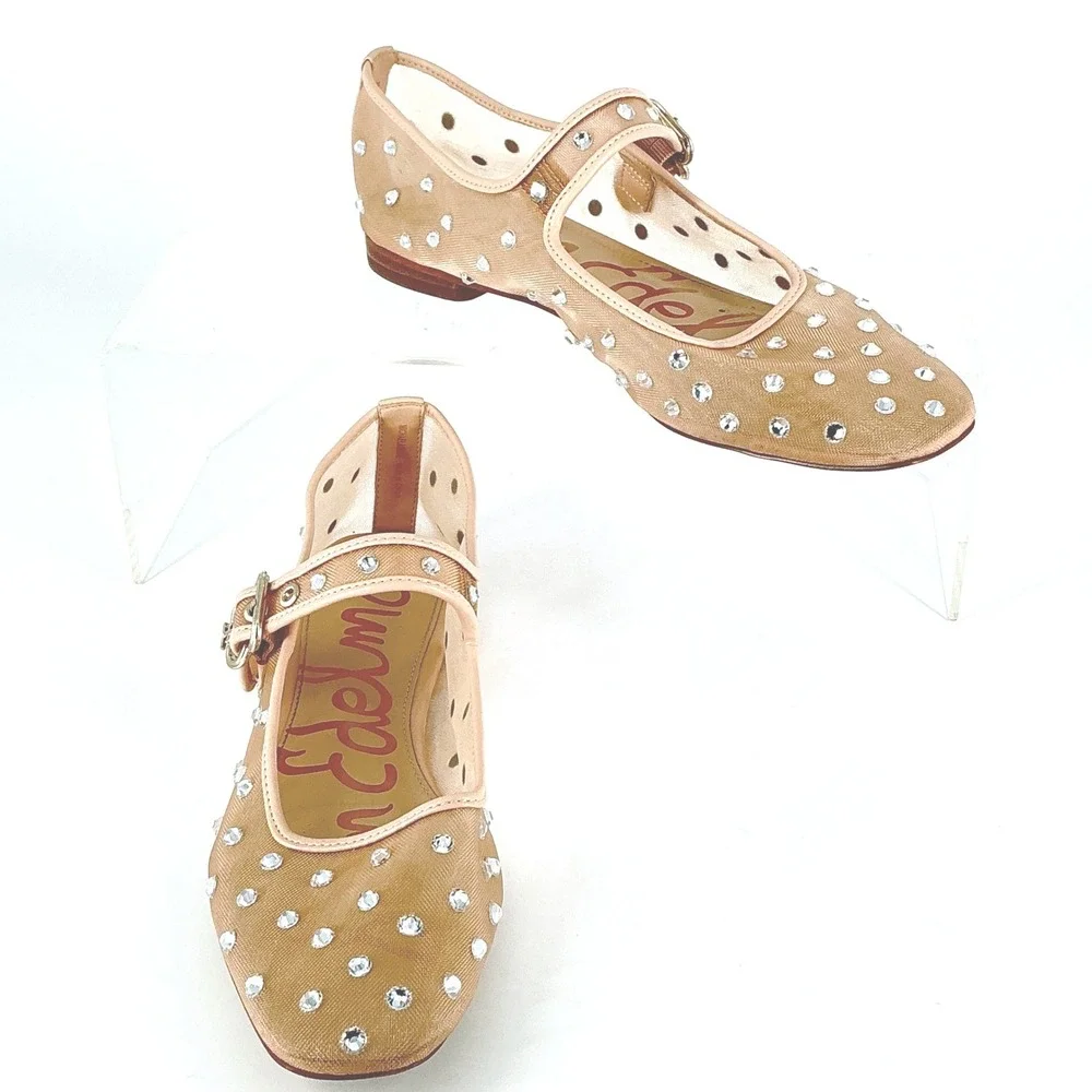 Sam Edelman Size 8.5 Mesh Crystal Mary Jane Flats Nude Beige Rhinestone Michaela - Picture 3 of 14